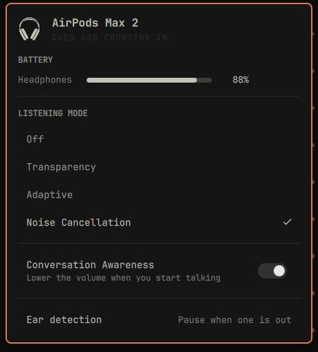 The panel for AirPods Max 2, with a single headphone battery and no case row.