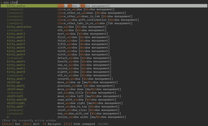 kitty's command palette listing actions with a search box.
