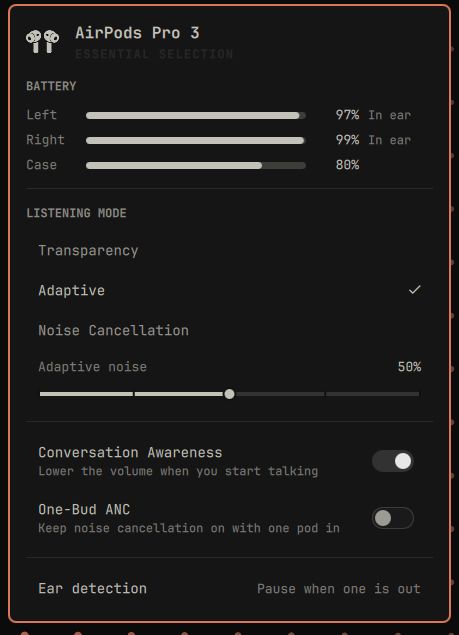 The panel in Adaptive mode with the noise level slider and Conversation Awareness turned on.
