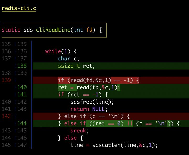 A git diff shown by delta with line numbers and highlighted changed words.