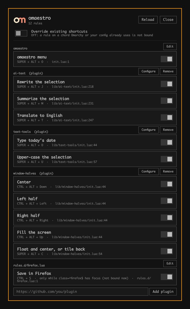 The omaestro panel in the Omarchy shell listing rules grouped by plugin, each with an on/off switch.