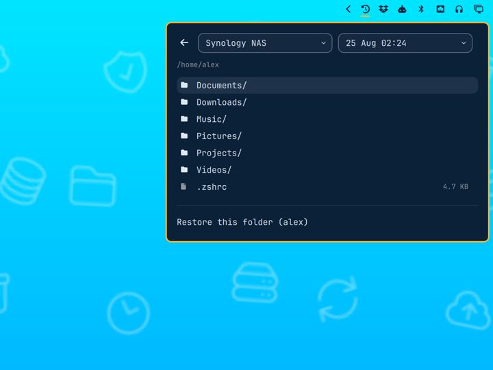The restore browser listing folders inside a backup from a chosen day.