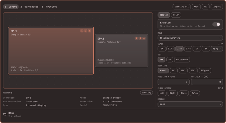 The expanded editor with displays arranged on a canvas and per-display controls on the right.