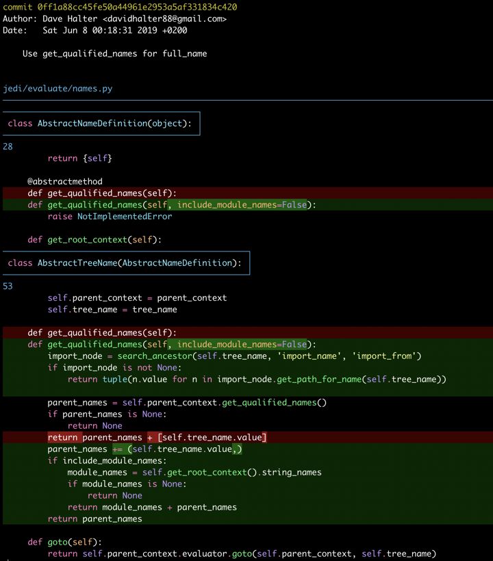 The output of git show paged through delta with syntax highlighting.